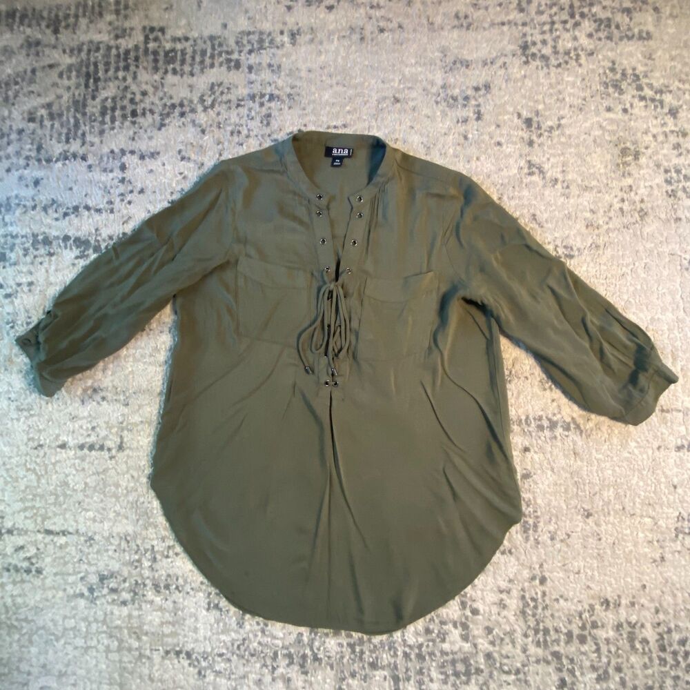a.n.a Petite Womens PS Olive Green Lace Up Long Sleeve Tunic Blouse Pockets